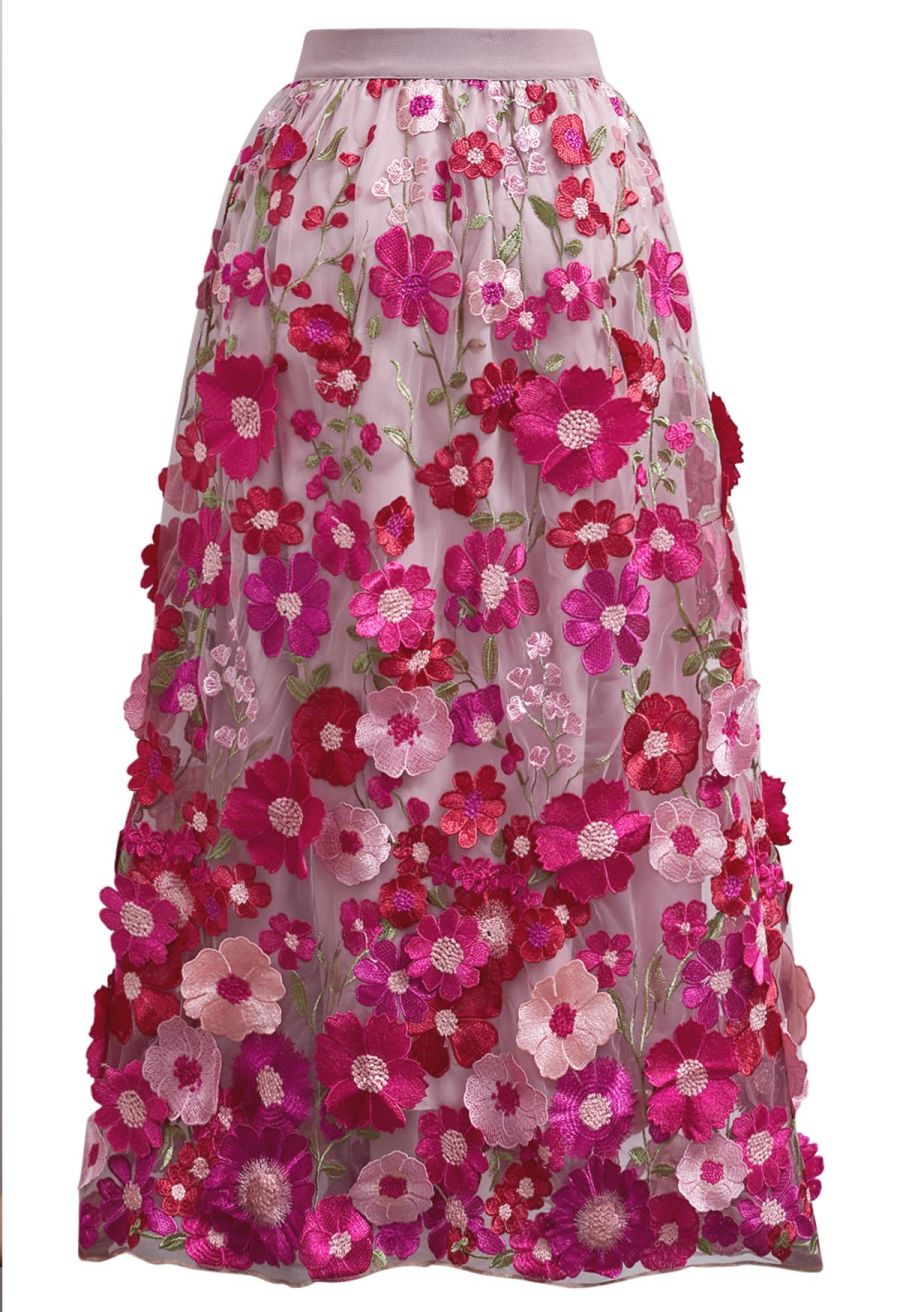 3D Floral Applique Mesh Tulle Maxi Skirt in Magenta