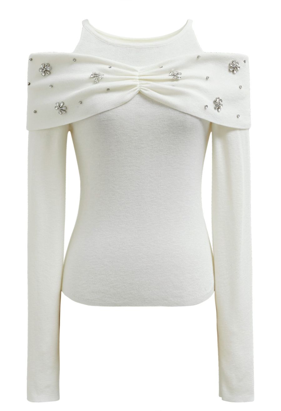 Floral Rhinestones Trim Cold-Shoulder Knit Top in Ivory