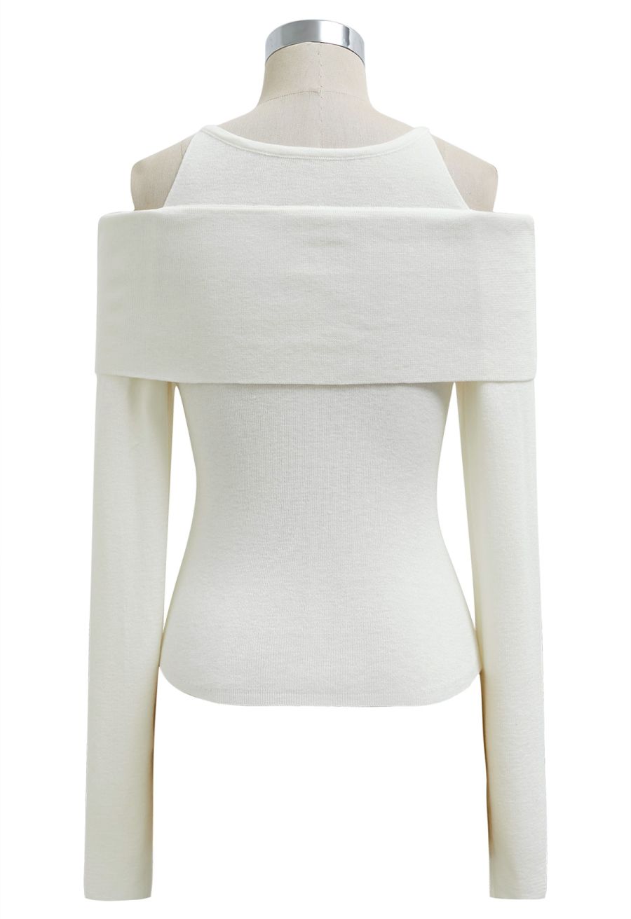Floral Rhinestones Trim Cold-Shoulder Knit Top in Ivory