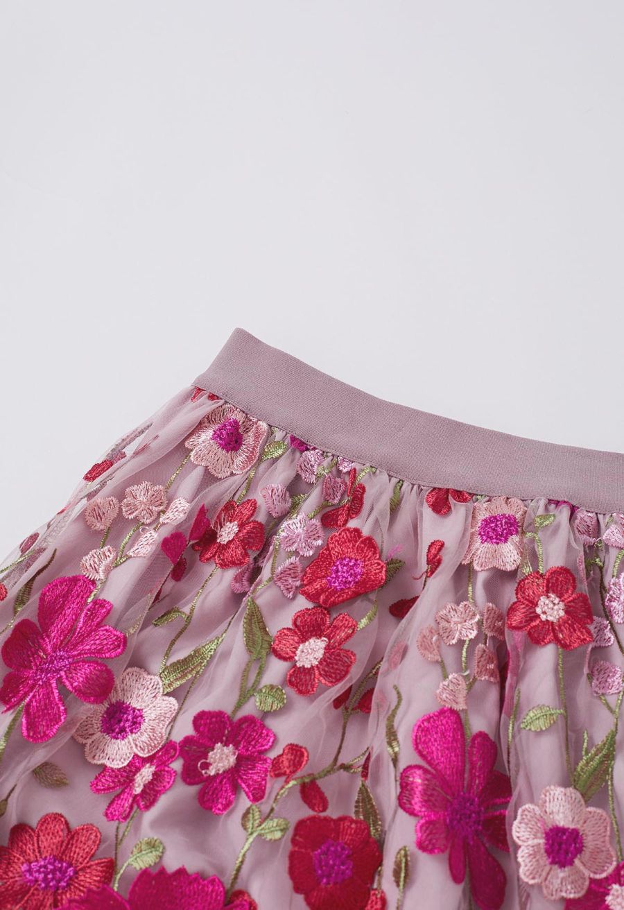 3D Floral Applique Mesh Tulle Maxi Skirt in Magenta