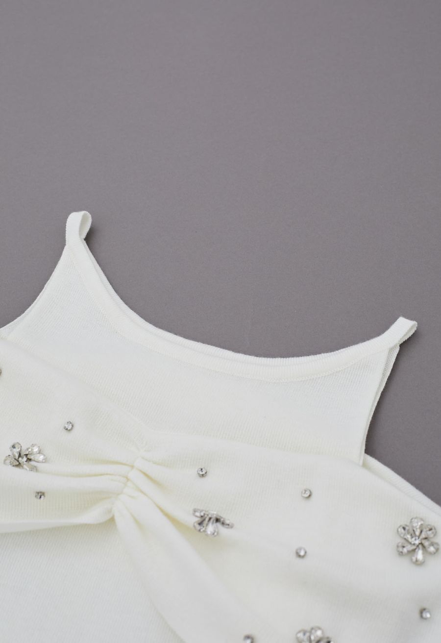 Floral Rhinestones Trim Cold-Shoulder Knit Top in Ivory