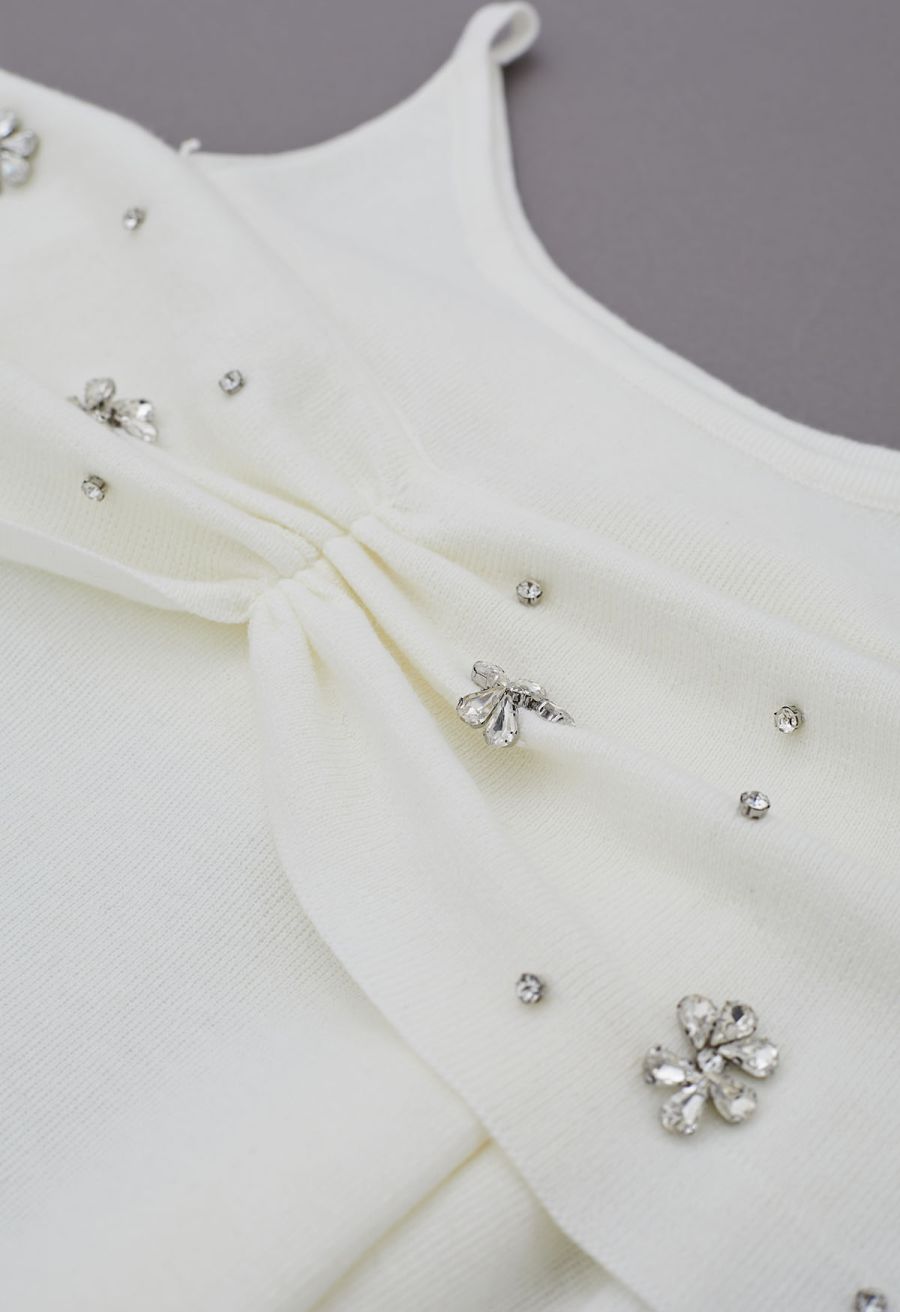 Floral Rhinestones Trim Cold-Shoulder Knit Top in Ivory
