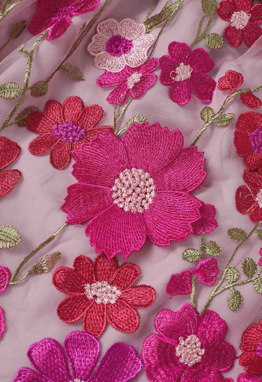 3D Floral Applique Mesh Tulle Maxi Skirt in Magenta