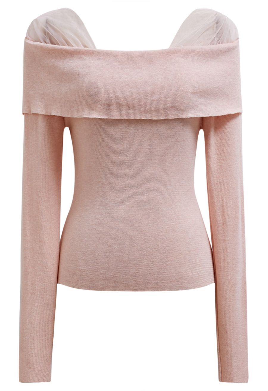 Sweet Ease Mesh Shoulder Flap Knit Top in Pink