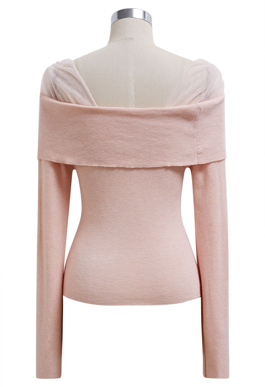Sweet Ease Mesh Shoulder Flap Knit Top in Pink