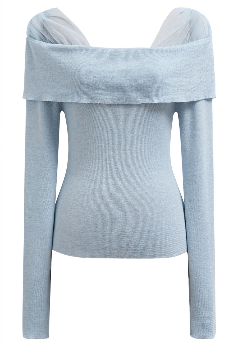 Sweet Ease Mesh Shoulder Flap Knit Top in Light Blue
