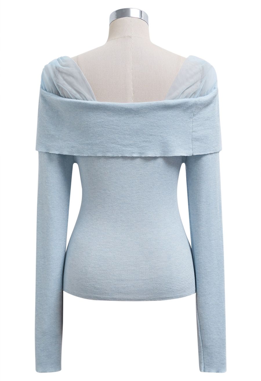 Sweet Ease Mesh Shoulder Flap Knit Top in Light Blue