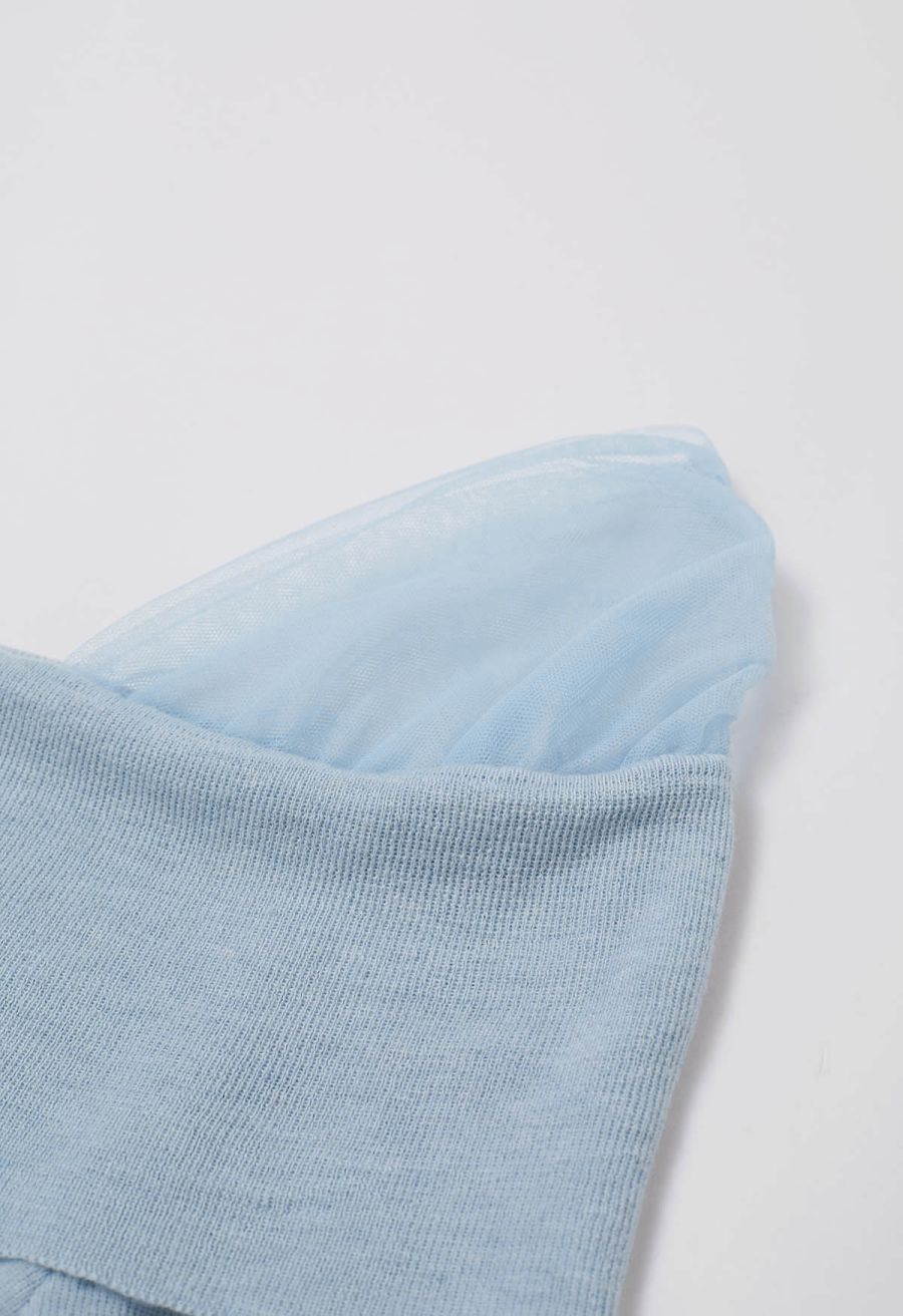 Sweet Ease Mesh Shoulder Flap Knit Top in Light Blue