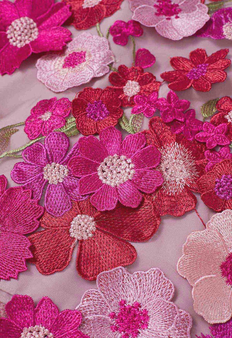 3D Floral Applique Mesh Tulle Maxi Skirt in Magenta
