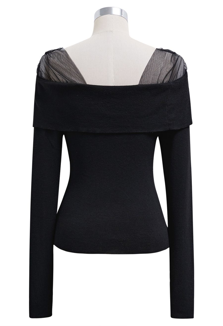 Sweet Ease Mesh Shoulder Flap Knit Top in Black