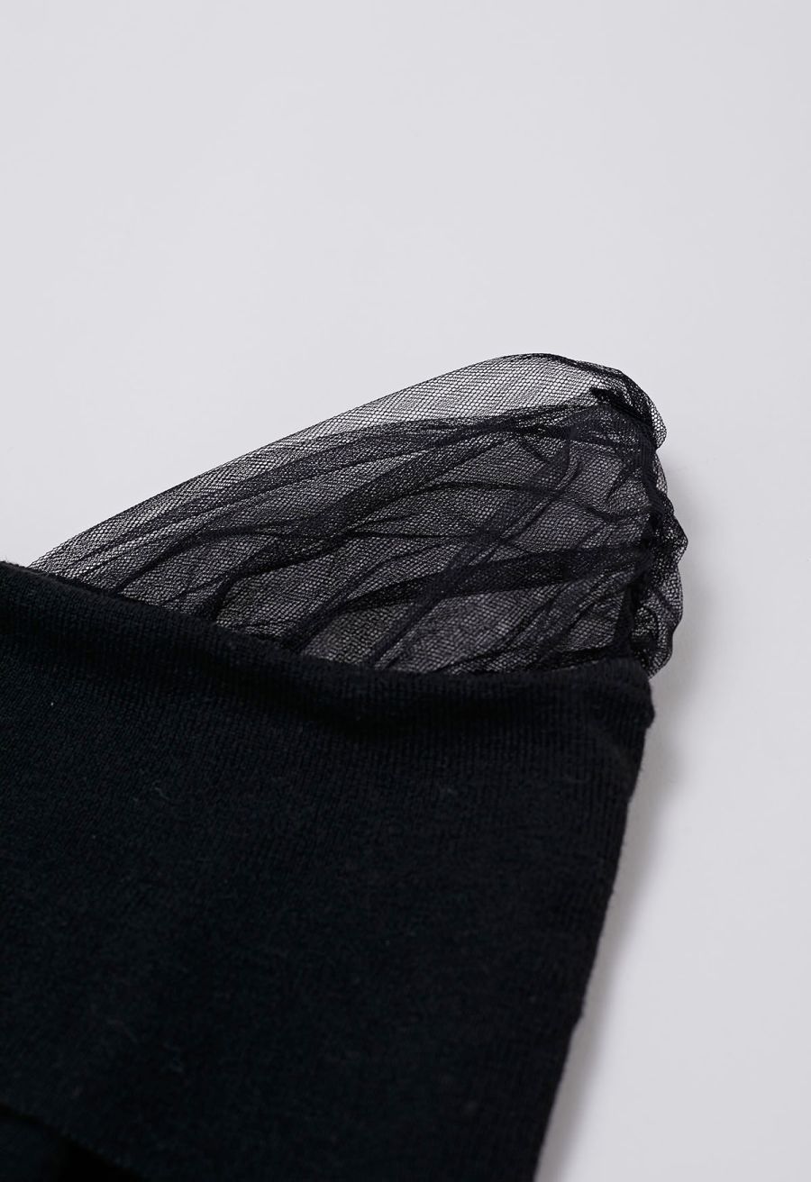 Sweet Ease Mesh Shoulder Flap Knit Top in Black