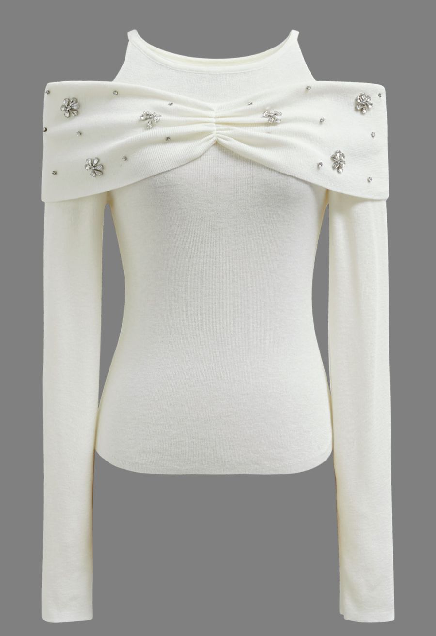 Floral Rhinestones Trim Cold-Shoulder Knit Top in Ivory