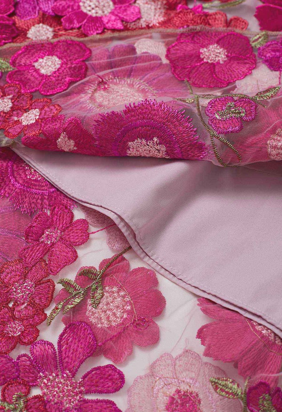 3D Floral Applique Mesh Tulle Maxi Skirt in Magenta