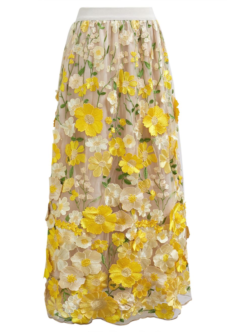 3D Floral Applique Mesh Tulle Maxi Skirt in Yellow