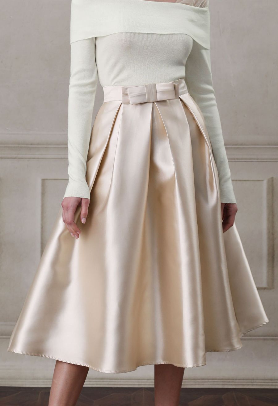 Luxurious Night Bowknot Pleated Midi Skirt in Champagne