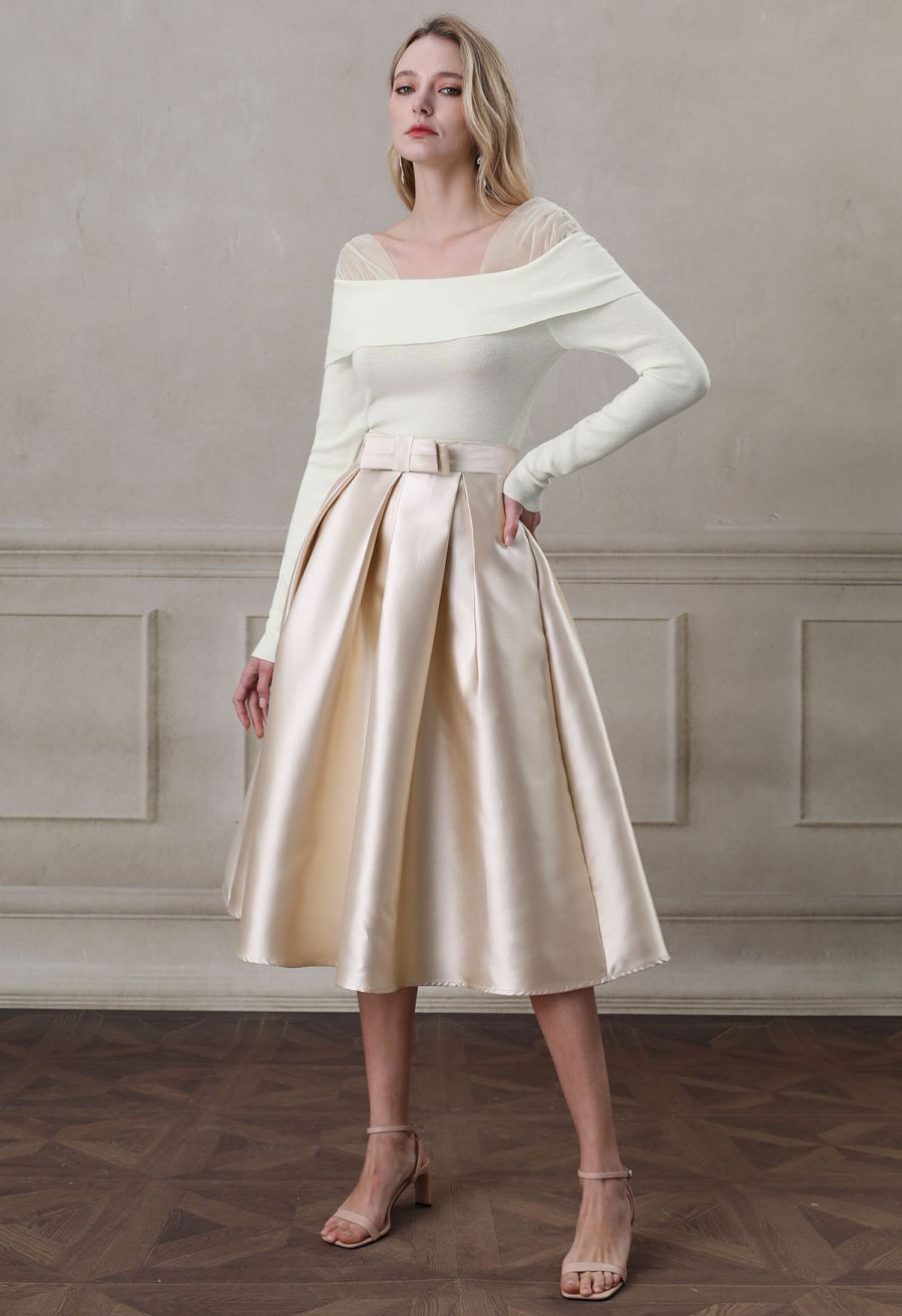 Luxurious Night Bowknot Pleated Midi Skirt in Champagne