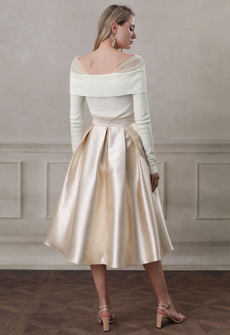 Luxurious Night Bowknot Pleated Midi Skirt in Champagne