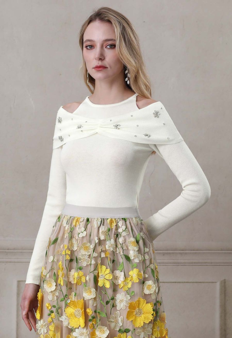 Floral Rhinestones Trim Cold-Shoulder Knit Top in Ivory