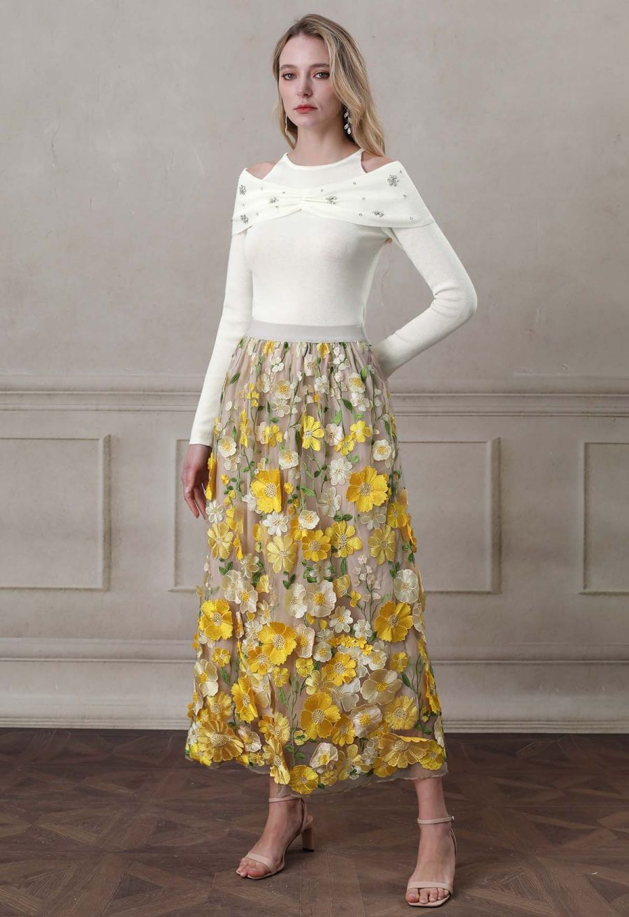 Floral Rhinestones Trim Cold-Shoulder Knit Top in Ivory