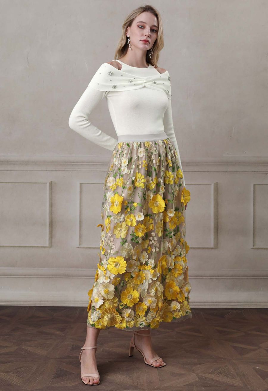 Floral Rhinestones Trim Cold-Shoulder Knit Top in Ivory