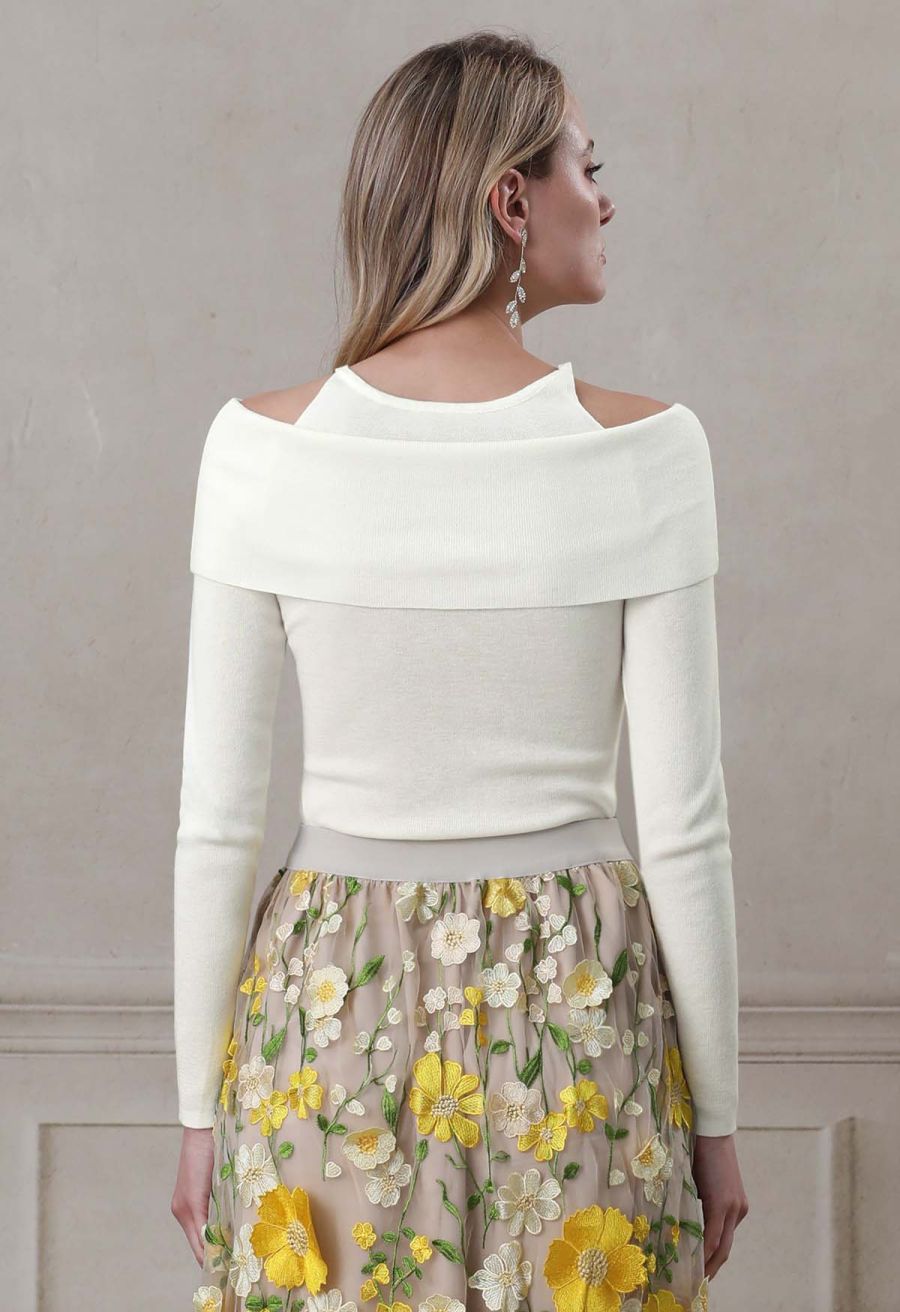 Floral Rhinestones Trim Cold-Shoulder Knit Top in Ivory