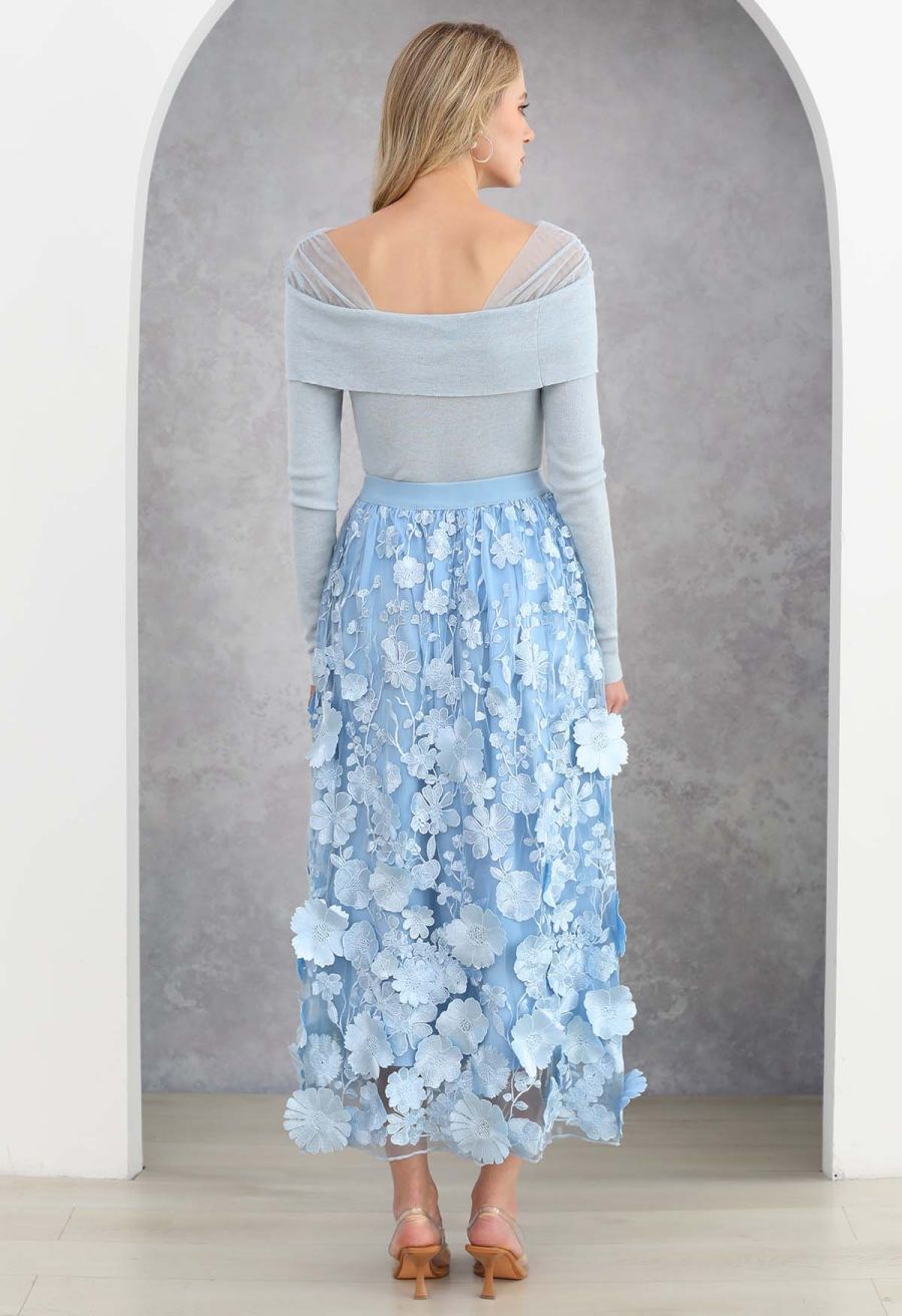 Sweet Ease Mesh Shoulder Flap Knit Top in Light Blue