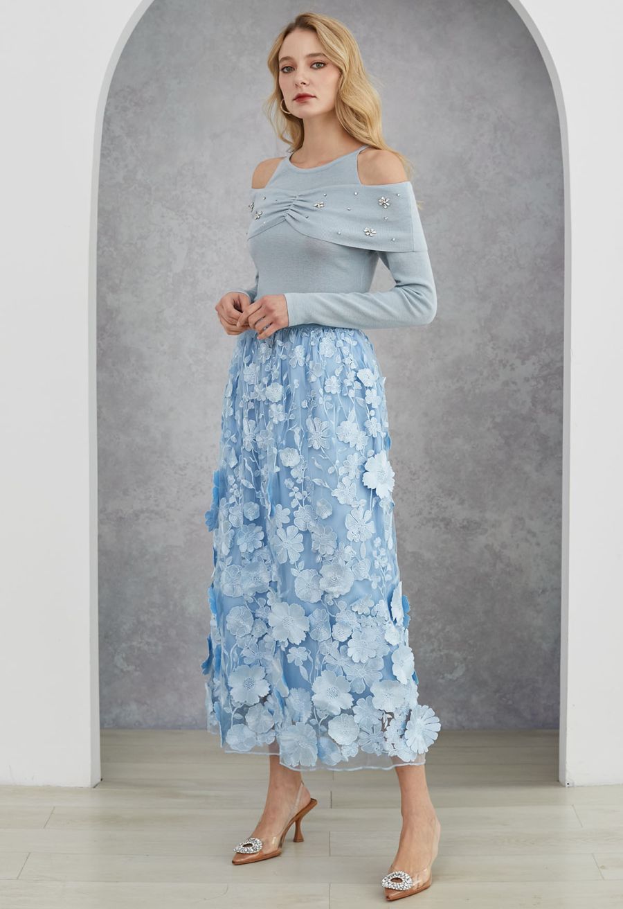 Floral Rhinestones Trim Cold-Shoulder Knit Top in Light Blue