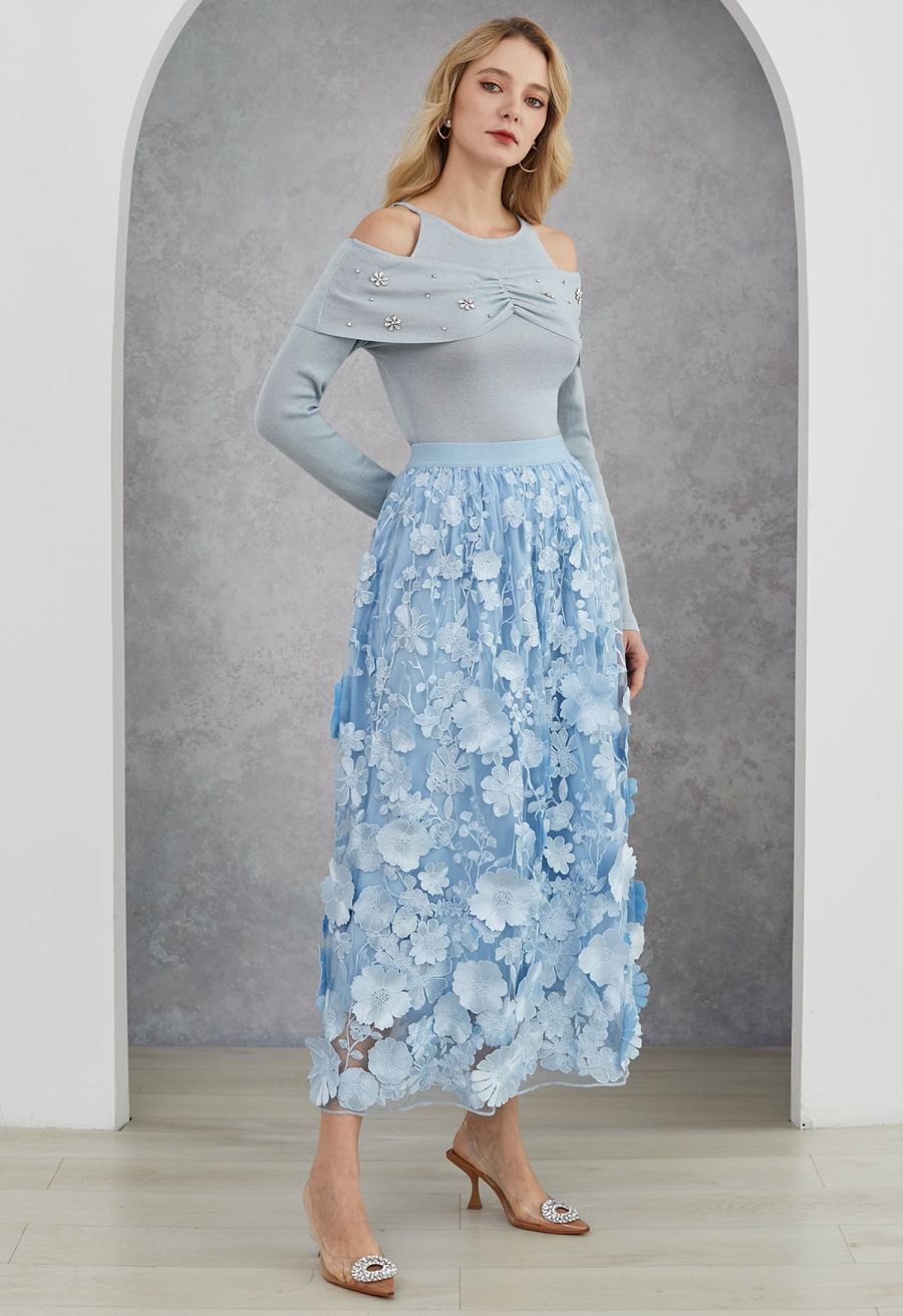 Floral Rhinestones Trim Cold-Shoulder Knit Top in Light Blue
