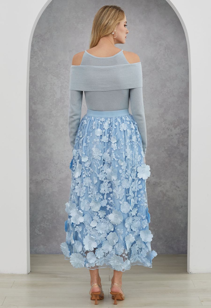 Floral Rhinestones Trim Cold-Shoulder Knit Top in Light Blue
