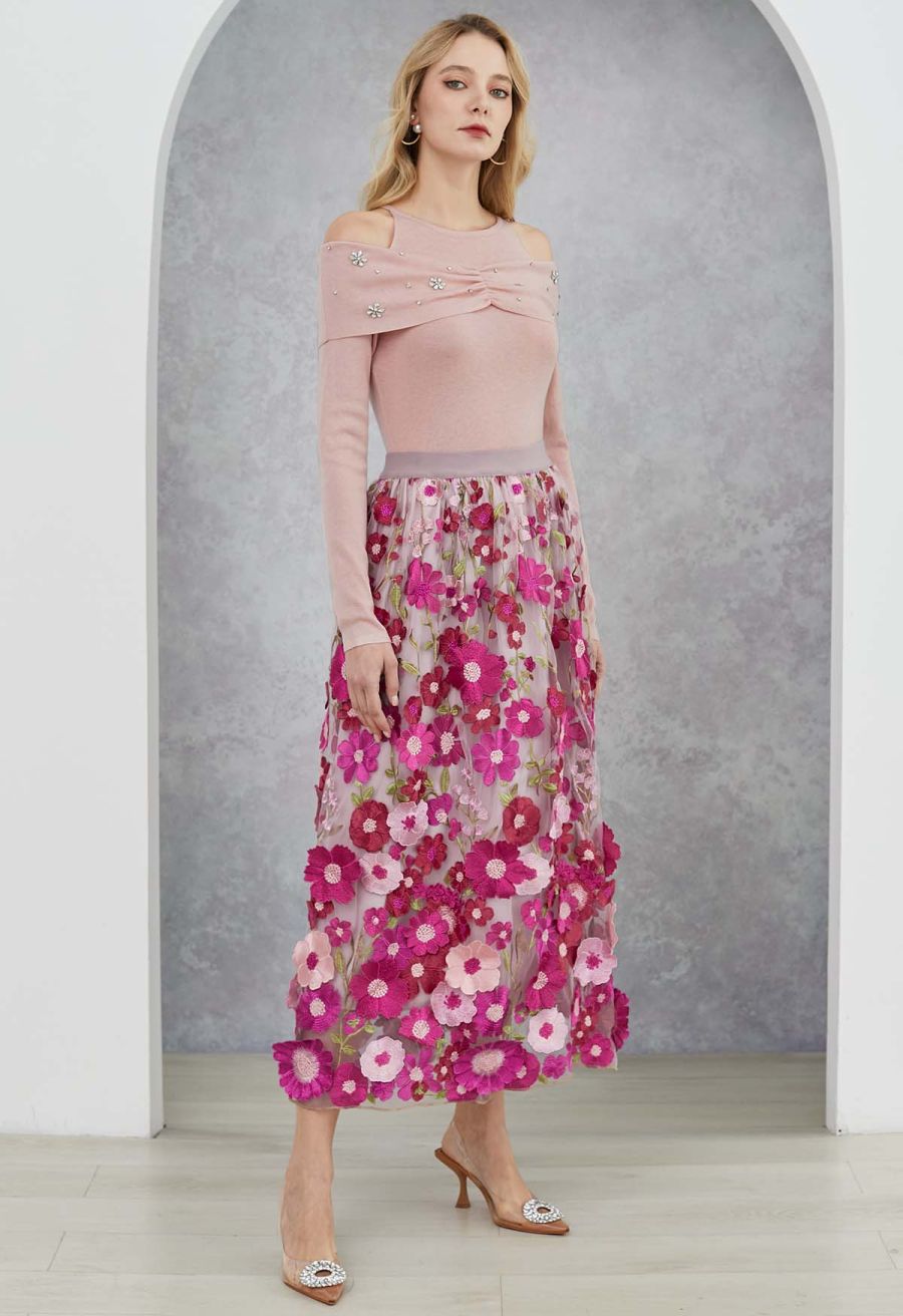 3D Floral Applique Mesh Tulle Maxi Skirt in Magenta