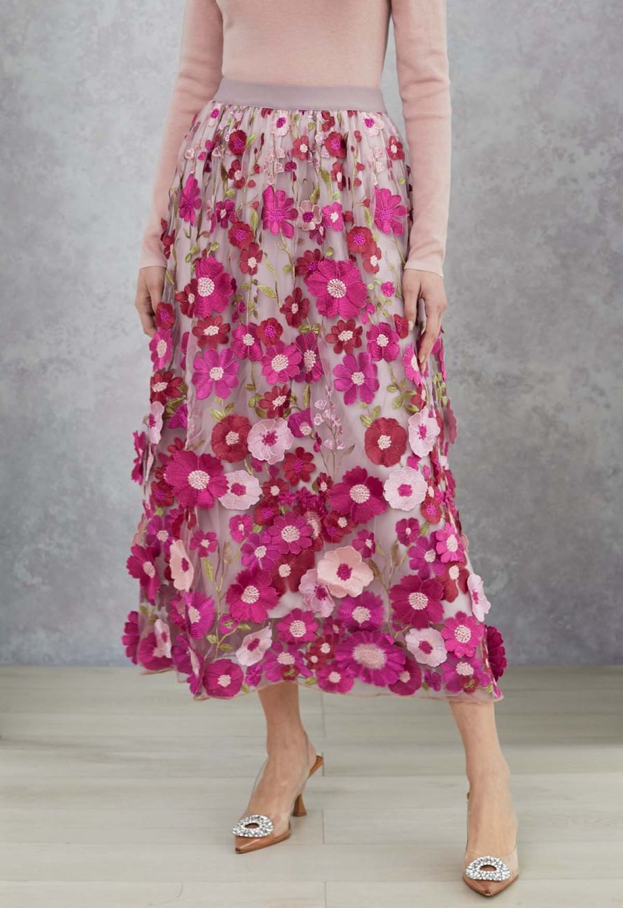 3D Floral Applique Mesh Tulle Maxi Skirt in Magenta