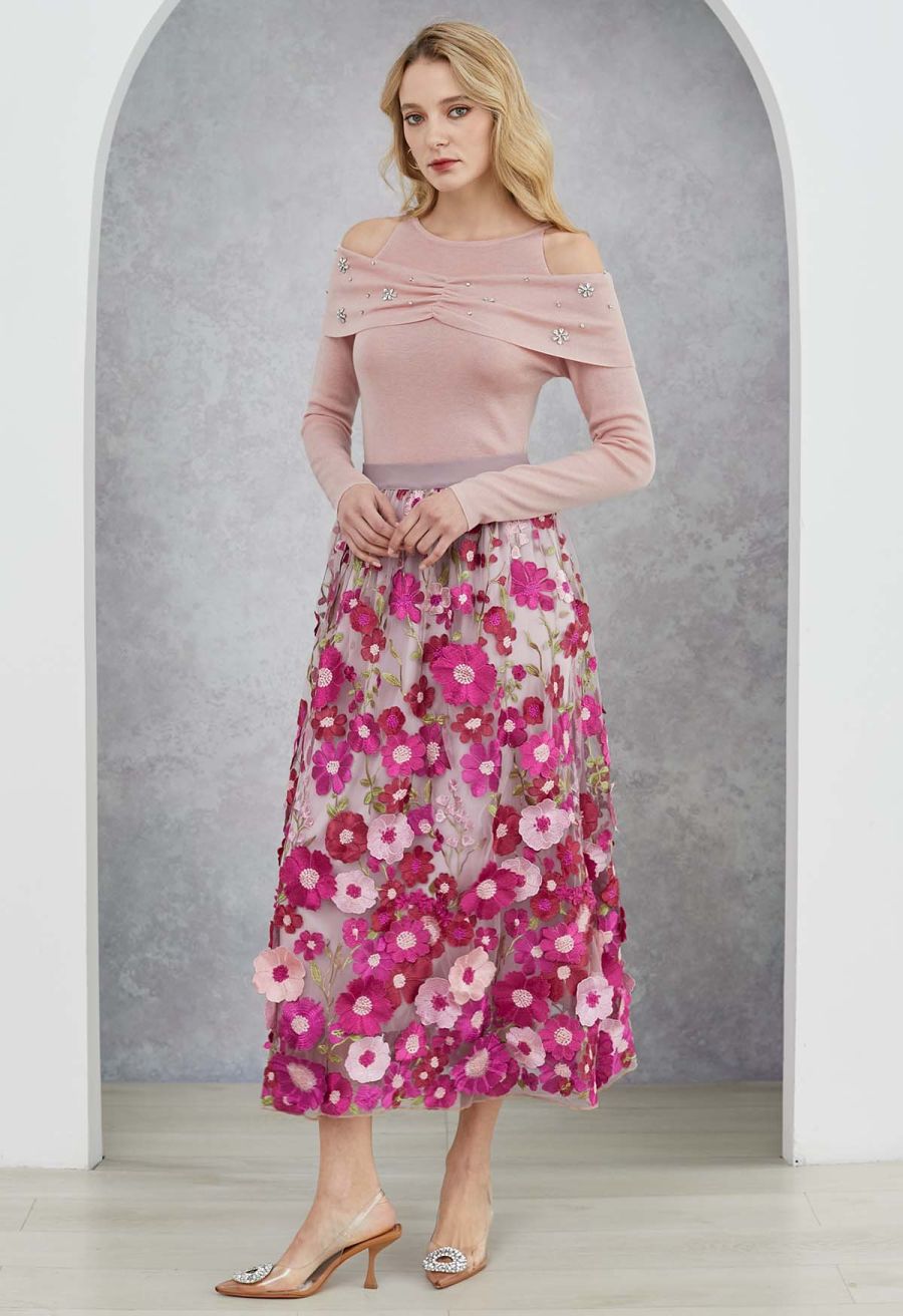 3D Floral Applique Mesh Tulle Maxi Skirt in Magenta