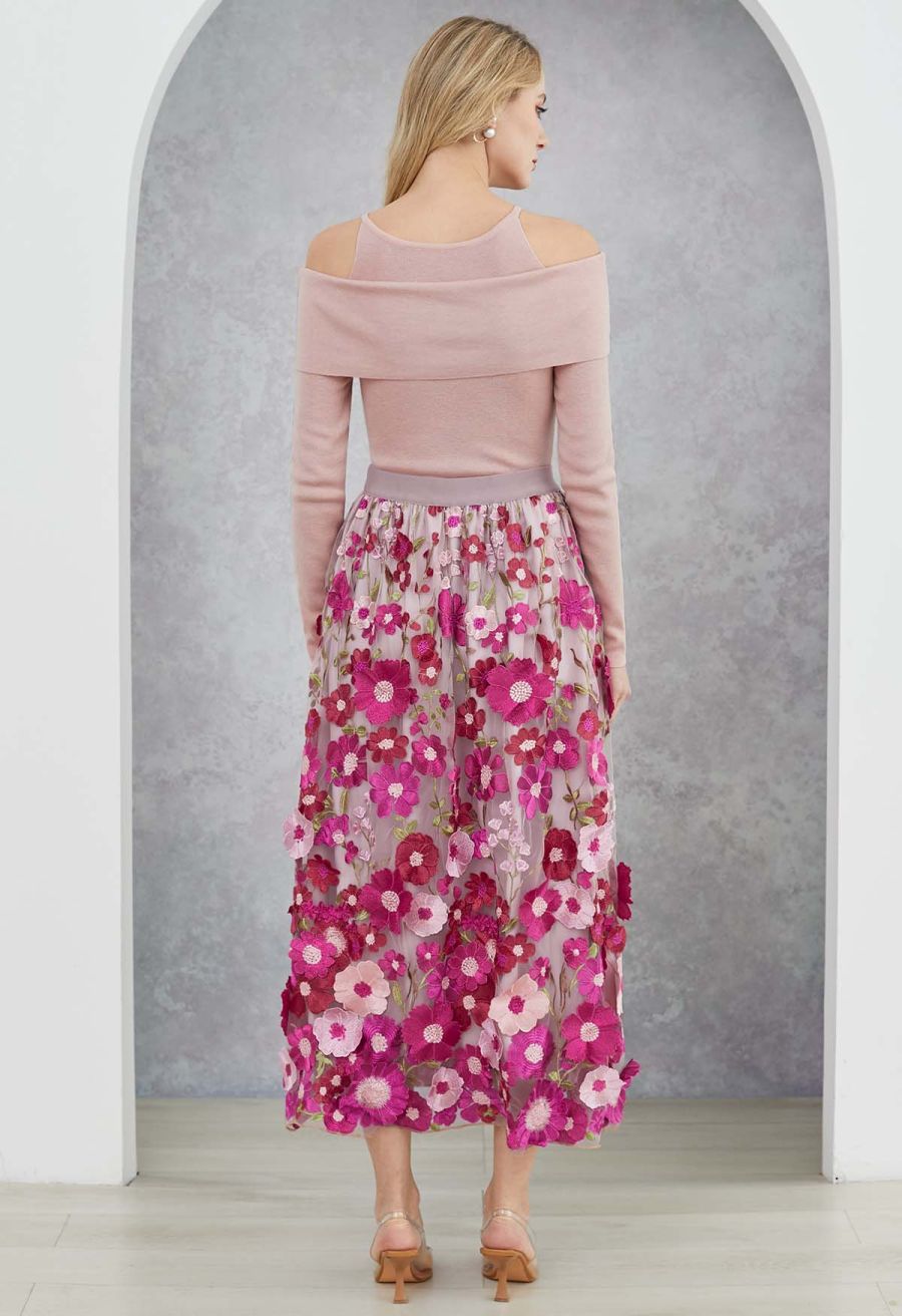 3D Floral Applique Mesh Tulle Maxi Skirt in Magenta