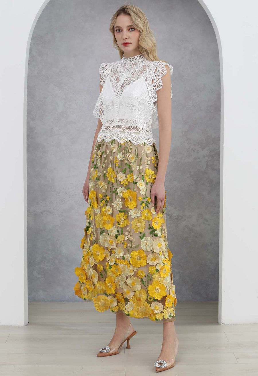 3D Floral Applique Mesh Tulle Maxi Skirt in Yellow