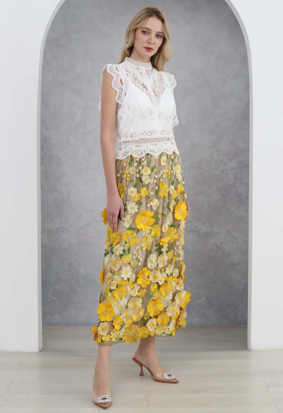 3D Floral Applique Mesh Tulle Maxi Skirt in Yellow