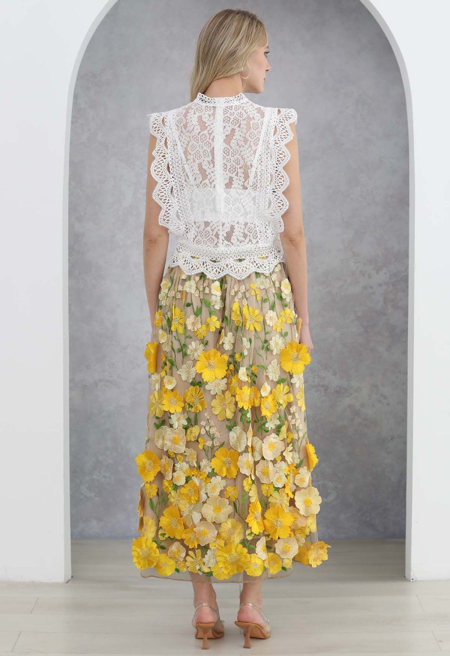 3D Floral Applique Mesh Tulle Maxi Skirt in Yellow