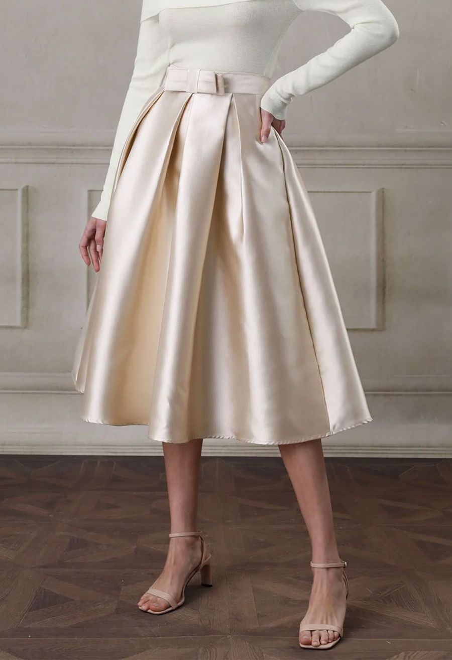 Luxurious Night Bowknot Pleated Midi Skirt in Champagne