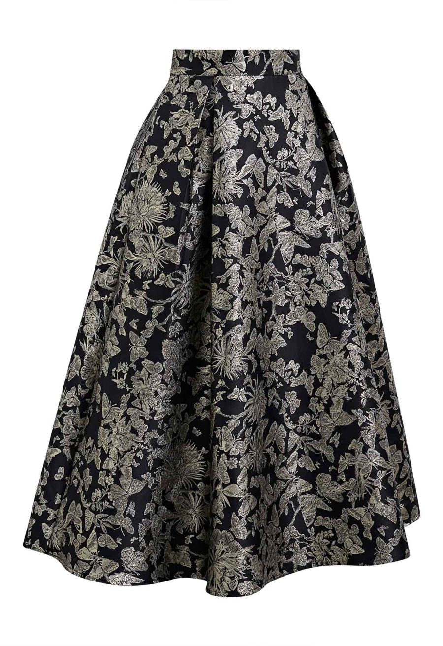 Butterfly Garden Metallic Jacquard A-Line Midi Skirt in Black