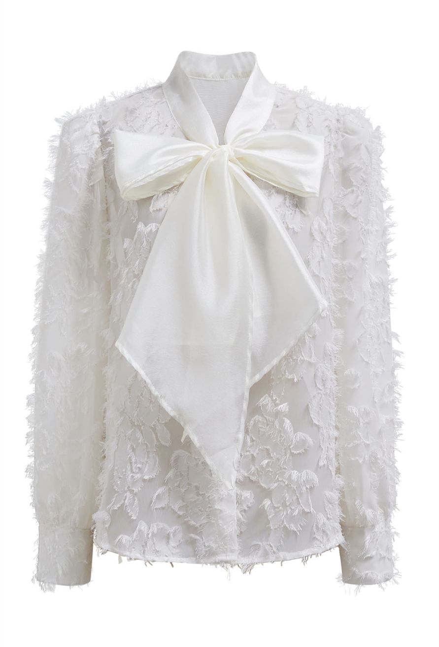 Fringed Jacquard Floral Organza Bowknot Sheer Shirt