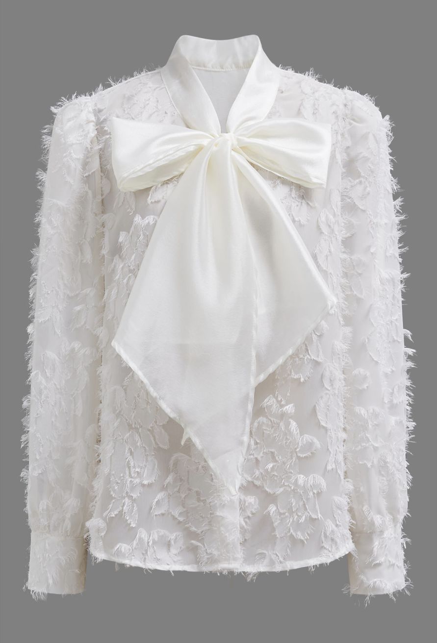 Fringed Jacquard Floral Organza Bowknot Sheer Shirt