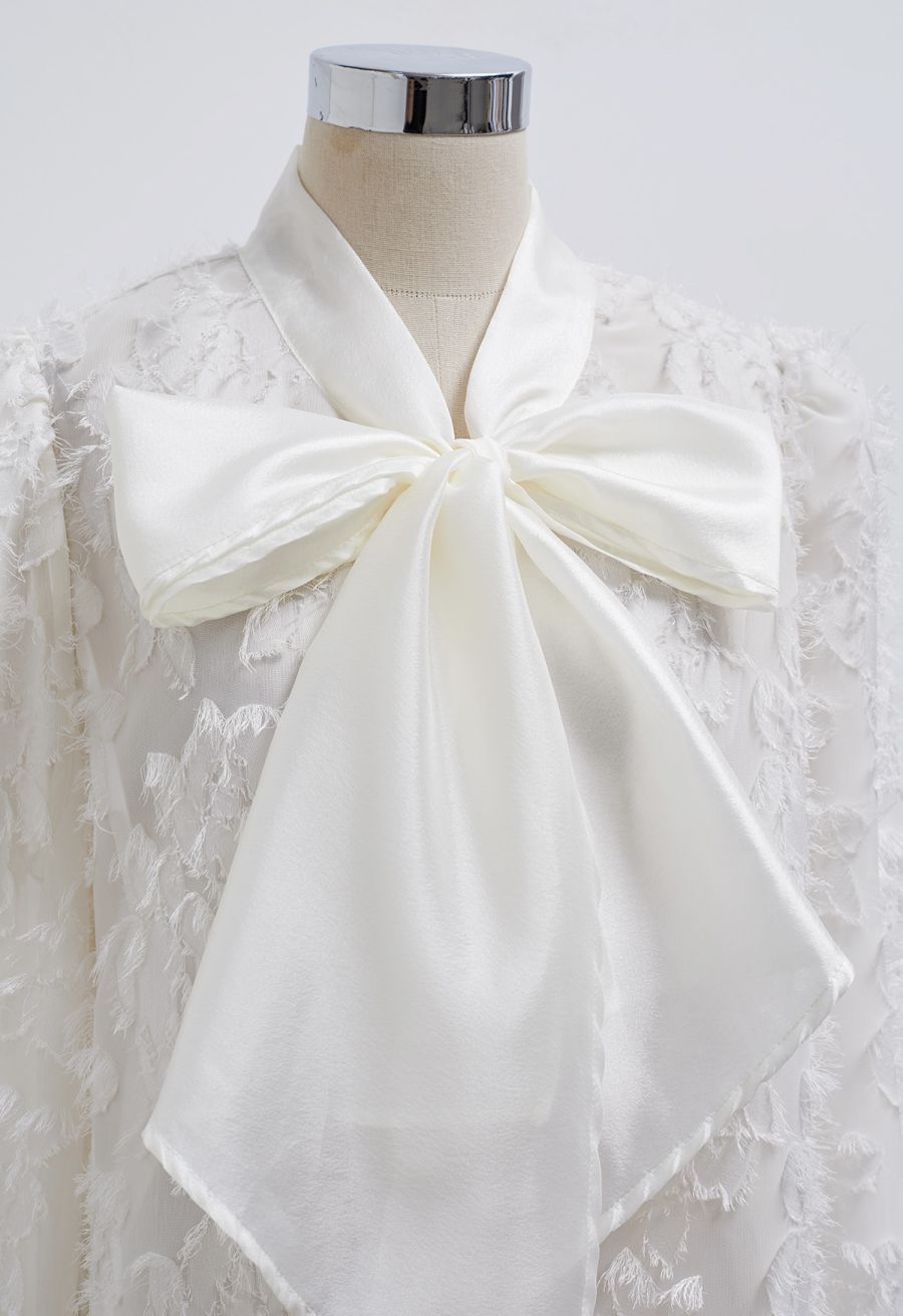 Fringed Jacquard Floral Organza Bowknot Sheer Shirt