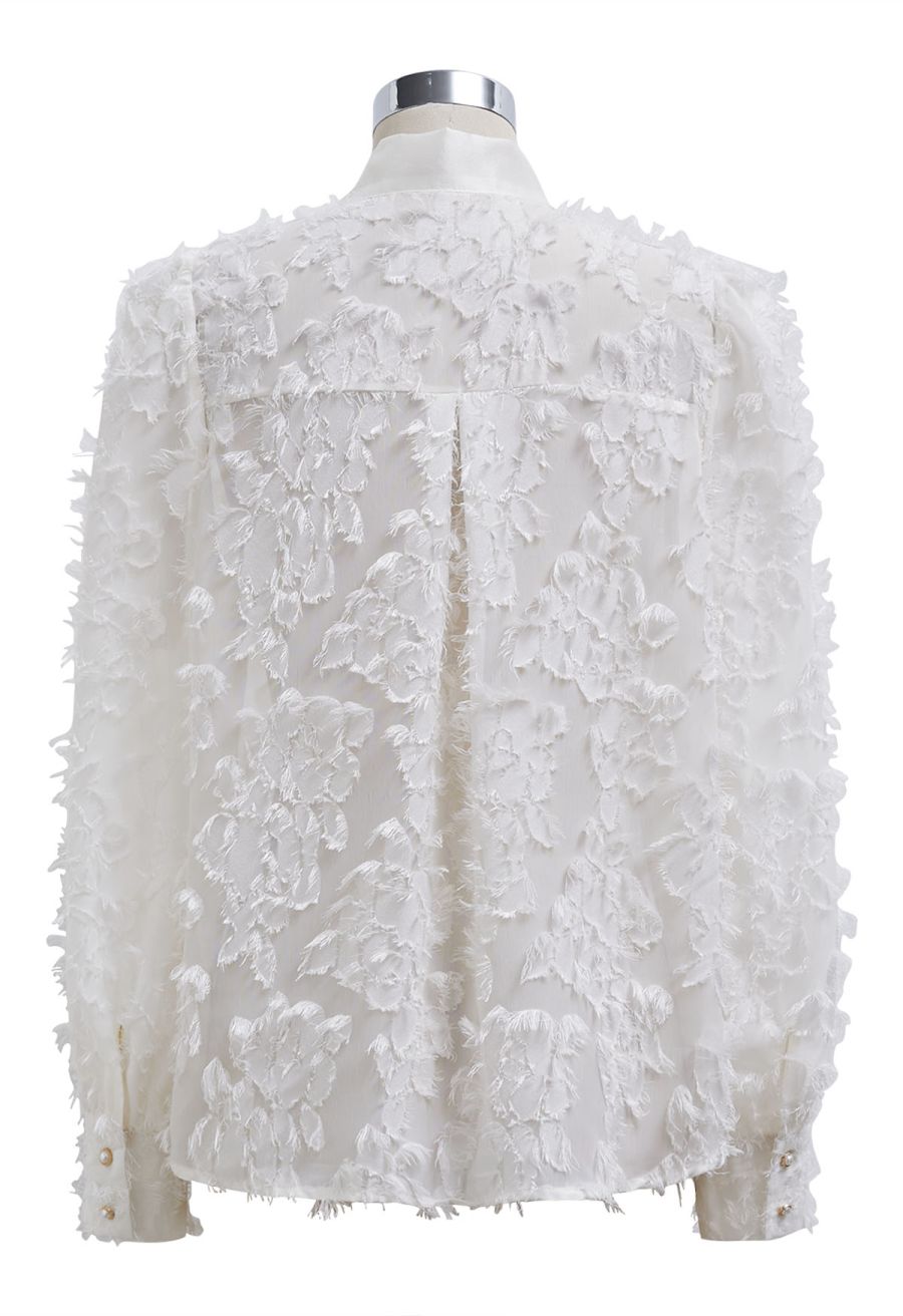 Fringed Jacquard Floral Organza Bowknot Sheer Shirt