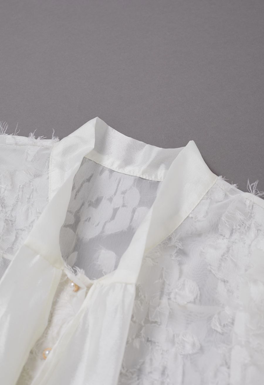 Fringed Jacquard Floral Organza Bowknot Sheer Shirt
