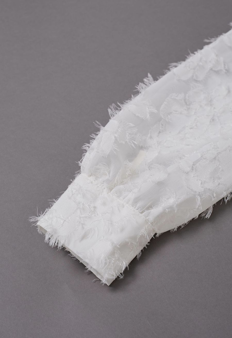 Fringed Jacquard Floral Organza Bowknot Sheer Shirt
