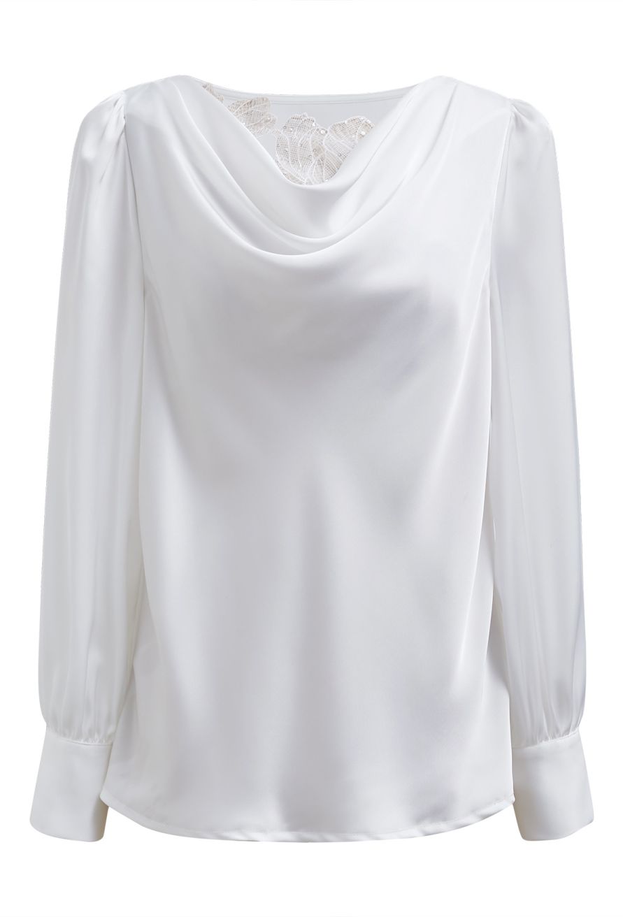 Sequins Floral Lace Drape Neck Satin Shirt in White