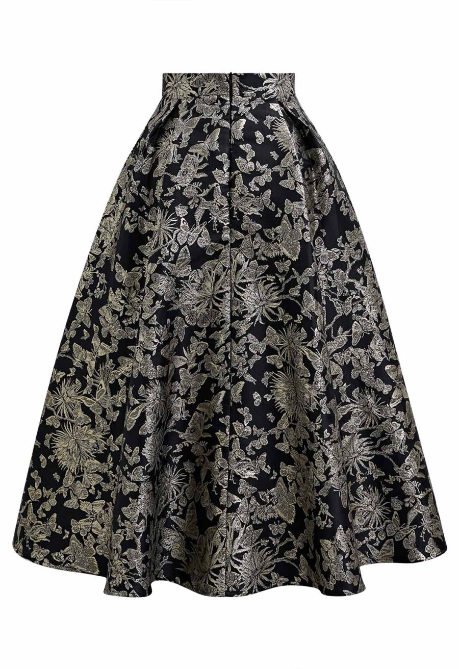 Butterfly Garden Metallic Jacquard A-Line Midi Skirt in Black
