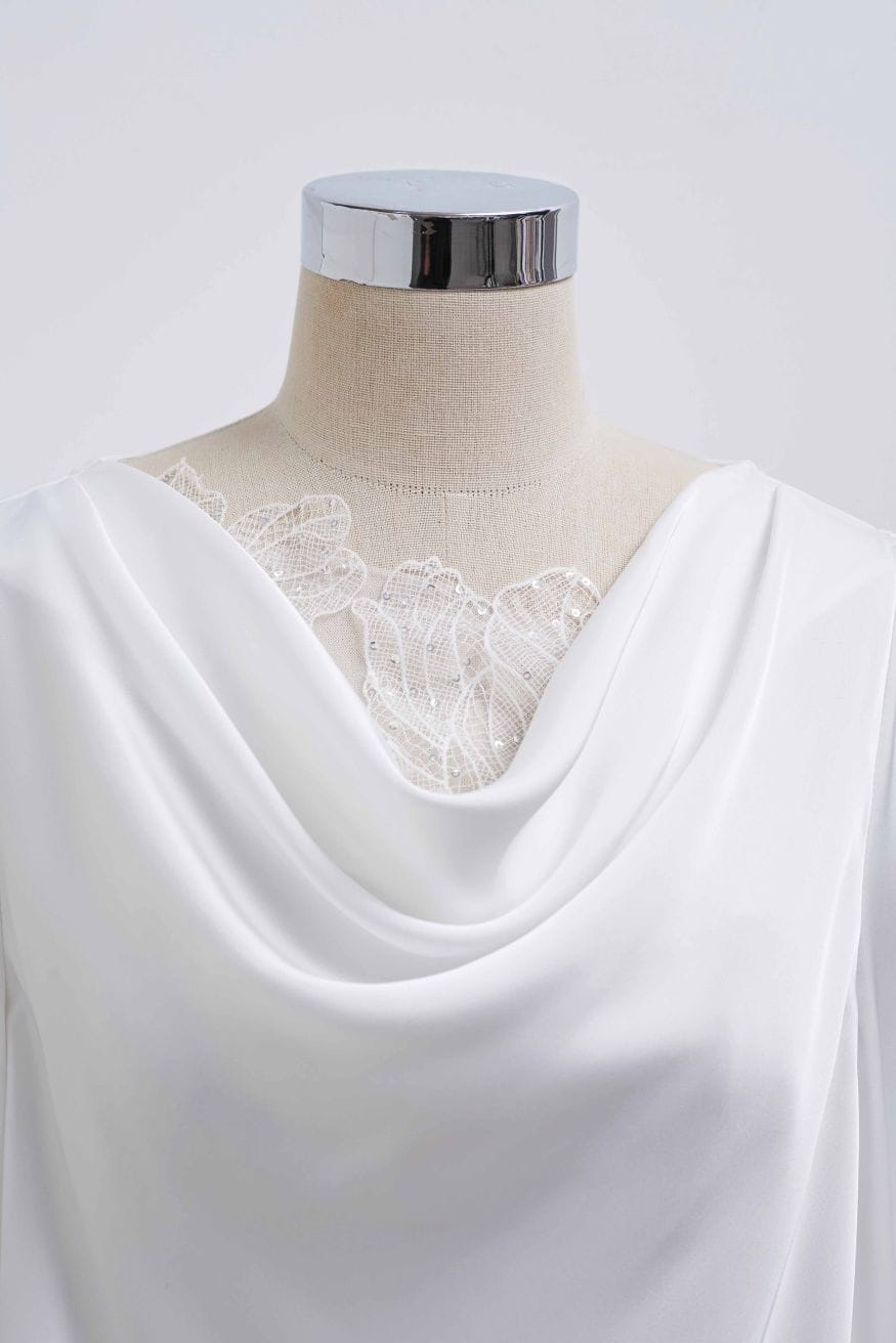 Sequins Floral Lace Drape Neck Satin Shirt in White