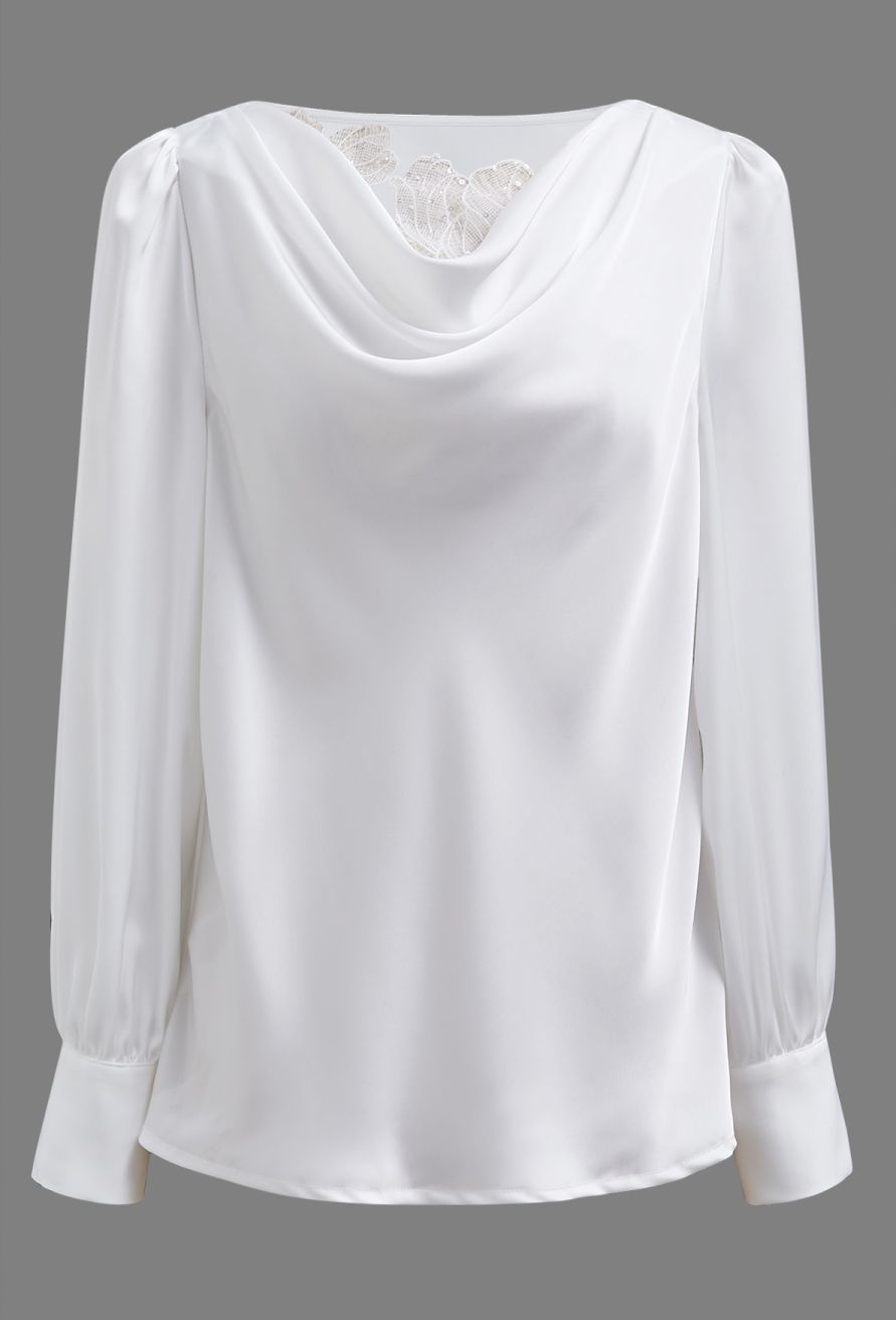 Sequins Floral Lace Drape Neck Satin Shirt in White