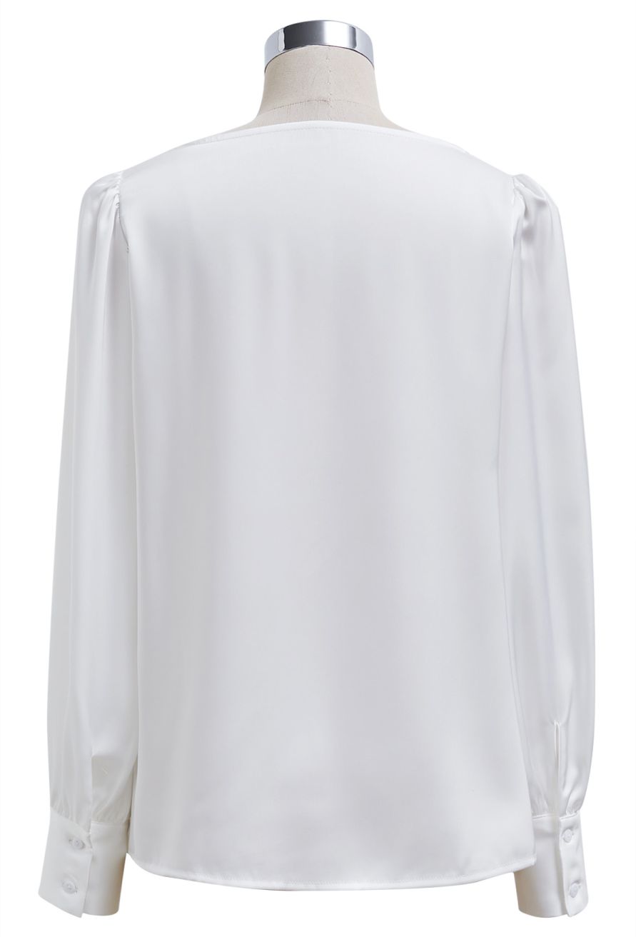 Sequins Floral Lace Drape Neck Satin Shirt in White