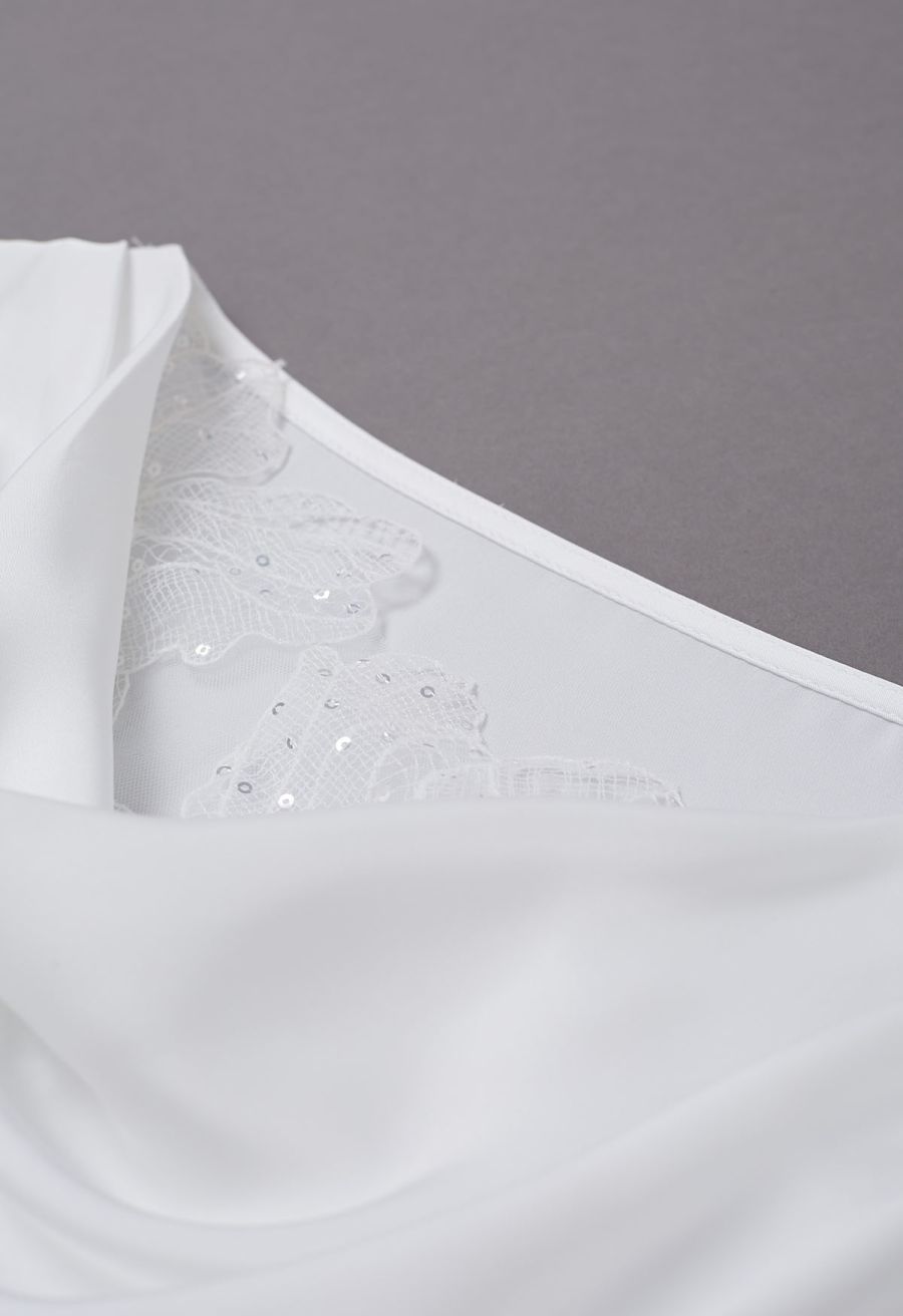 Sequins Floral Lace Drape Neck Satin Shirt in White